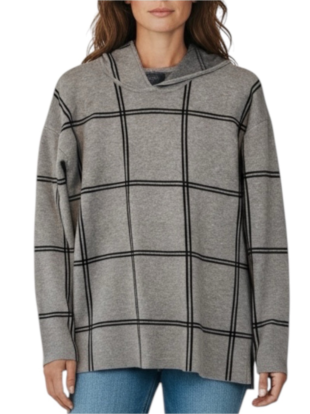 RACHEL ZOE Windowpane Sweater Hoodie in Gray/Black Size Small-- PERFECT FOR FALL
